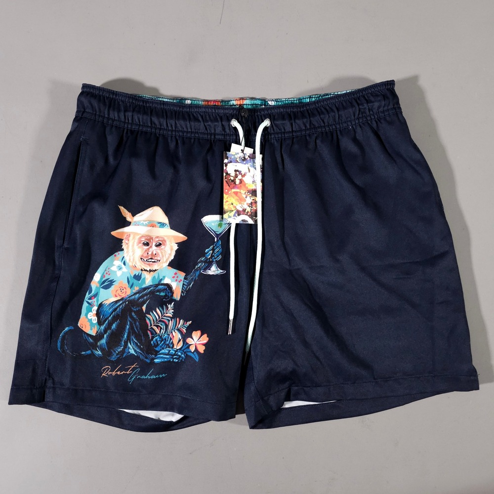 Robert Graham Swim Trunks Mens Large Navy Monkey Business Martini Board Shorts